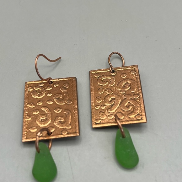 Jewelry - Elegant Copper and Green Seaglass Dangle Earrings